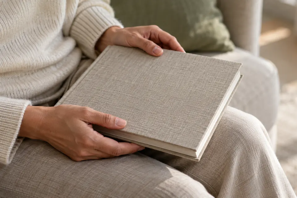 Mani che tengono un libro chiuso in grembo